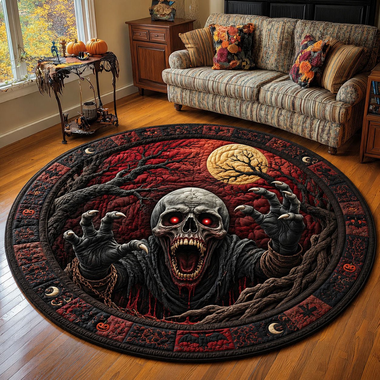 Blood Moon Zombie Skull Horror Quilted Round Mat Scary Skull Moon Round Rug Top Halloween Decor