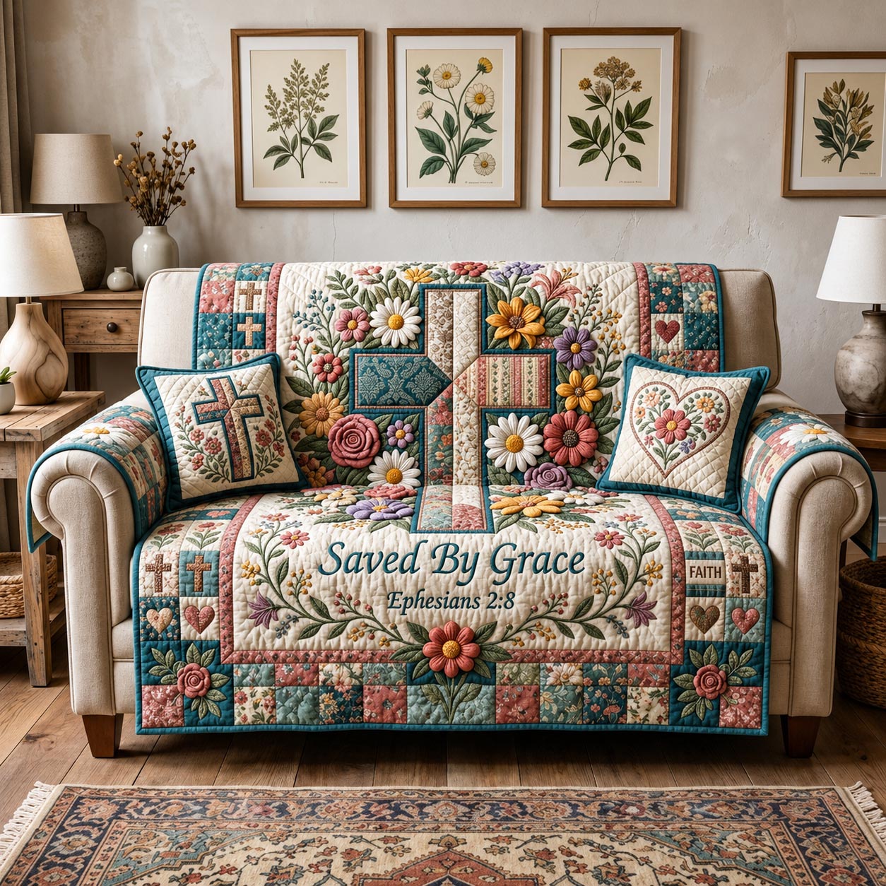 Blooming Faith Quilted Sofa Cover Faith Blossom Couch Cover Unique Gift