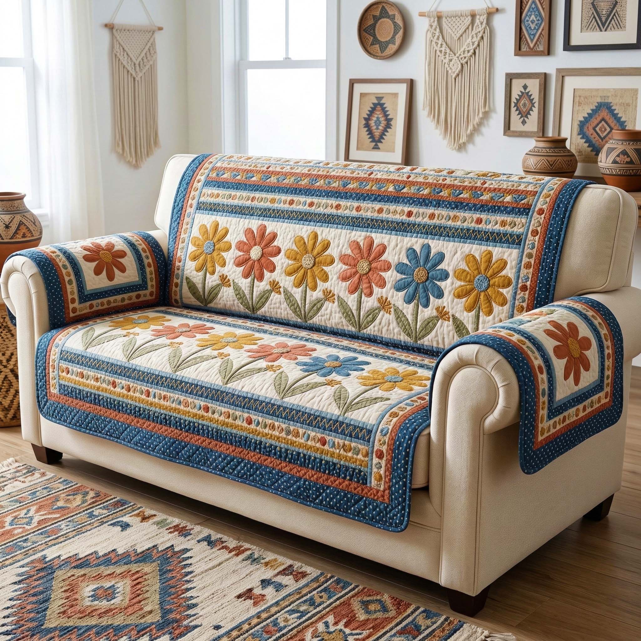 Boho Daisies Quilted Sofa Cover Boho Daisies Couch Cover Gift For House Lover