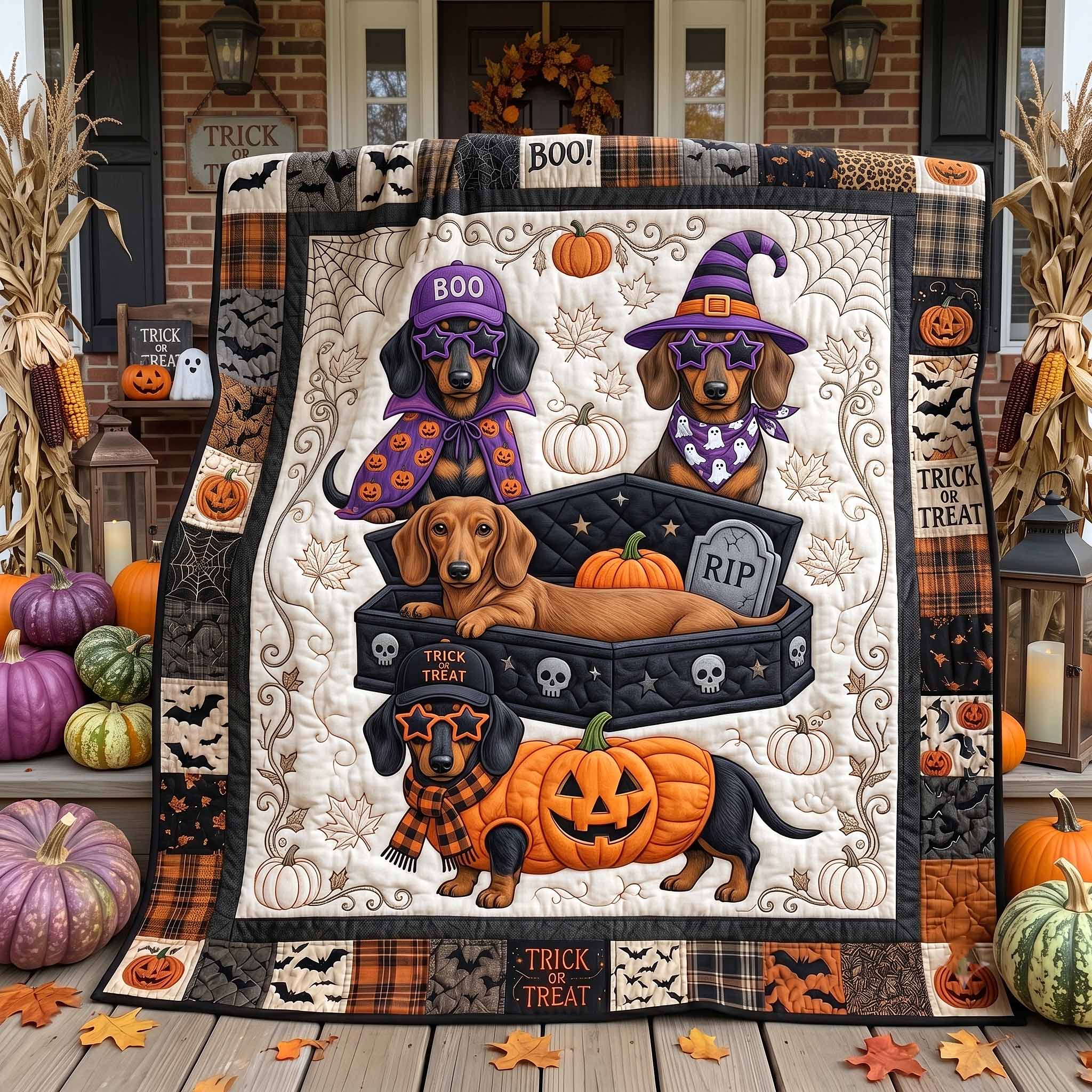 Boo Wiener Quilted Blanket Halloween Dachshund Dogs Merch Cool Room Decor Gifts