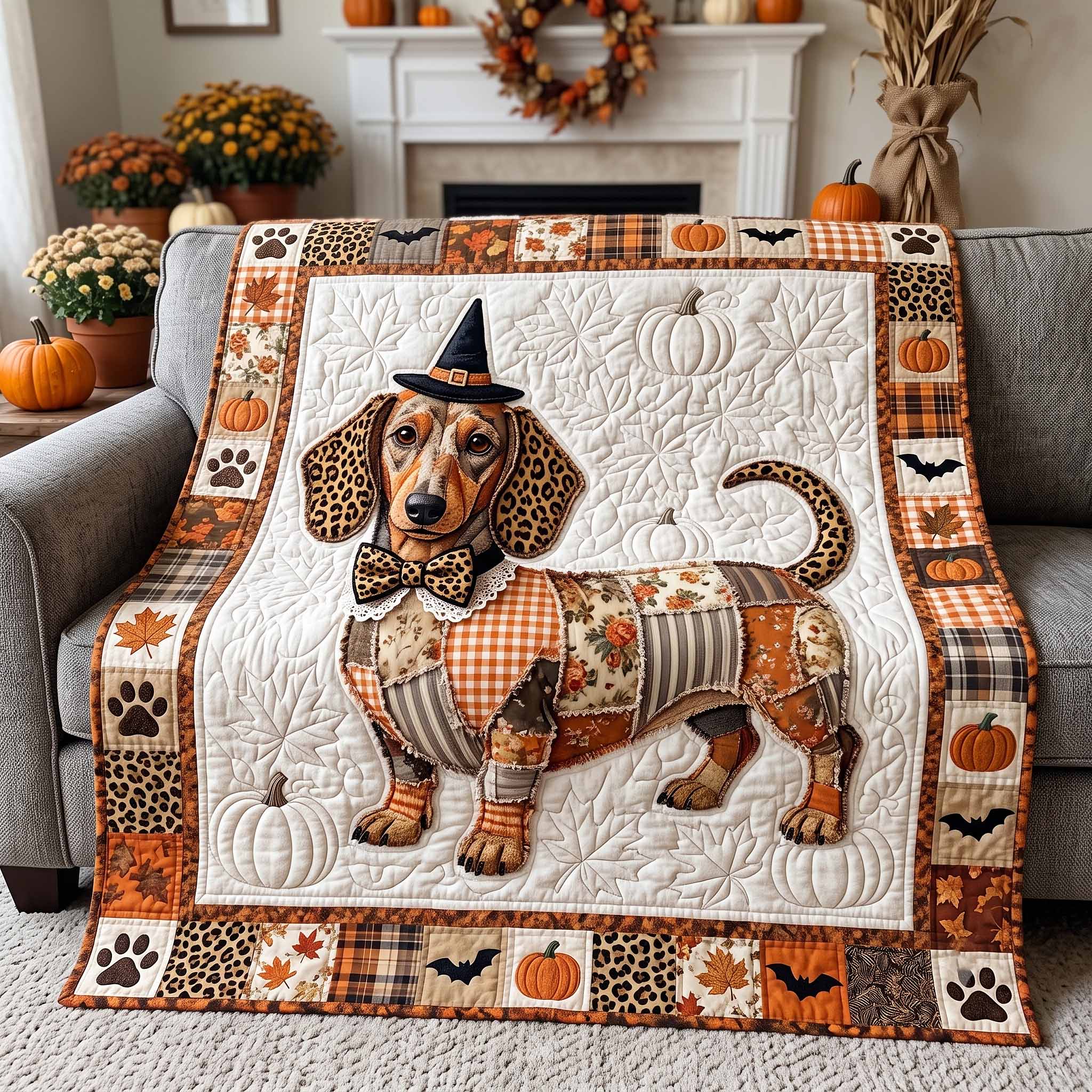 Boo Wiener Quilted Blanket Halloween Dachshund Witch Merch Gifts For Home Lovers