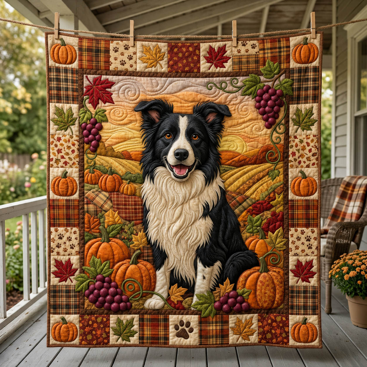 Border Collie Autumn Quilted Blanket Autumn Dog Pumpkins Merch Cute Room Decor