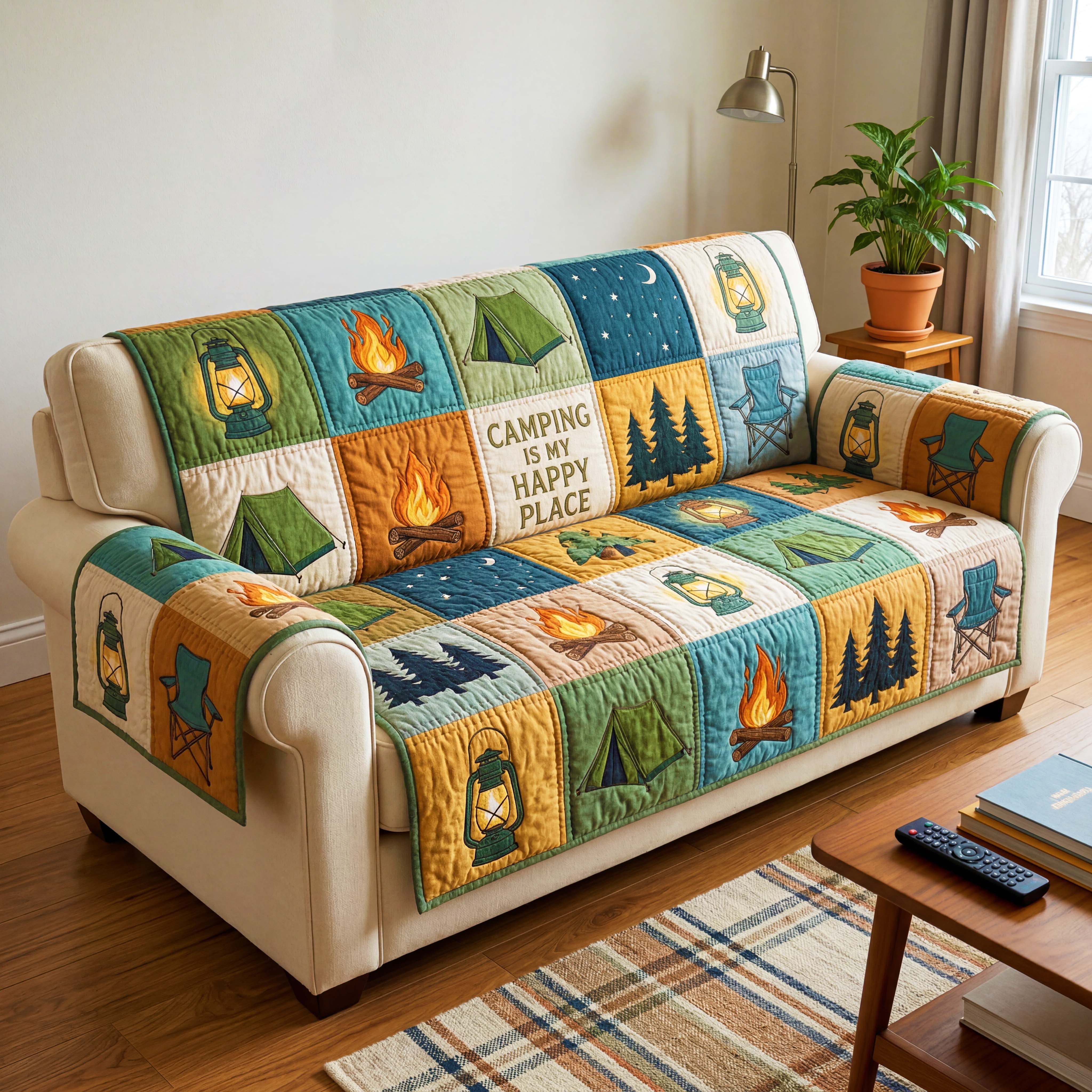 Campfire Comfort Quilted Sofa Cover Forest Campfire Couch Cover Room Gift For Her