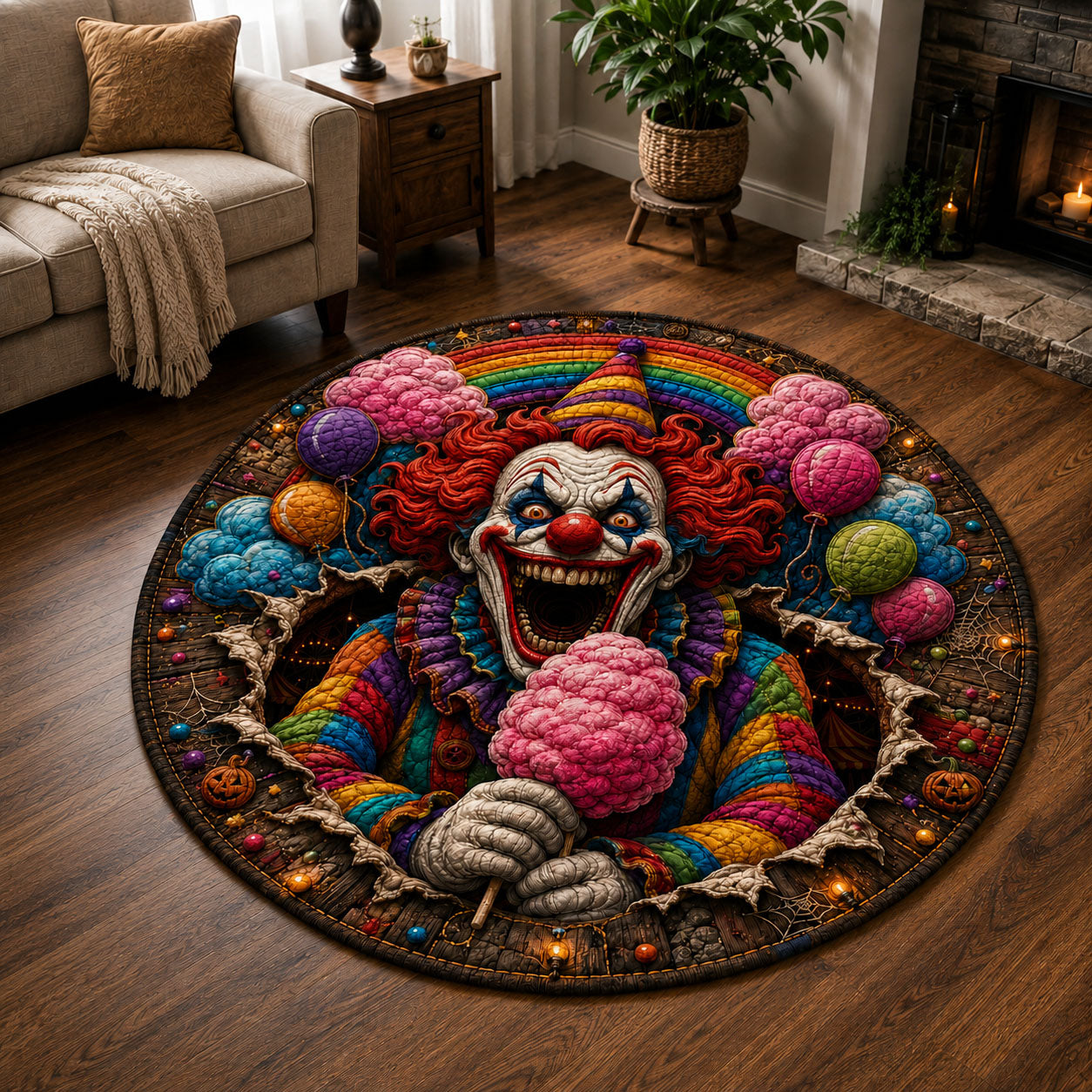 Candy Carnival Clown Quilted Round Mat Scary Clown Cotton Candy Merch Halloween Room Decor Gift