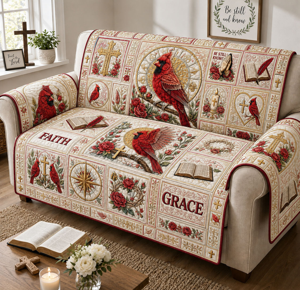 Cardinal Faith And Grace Quilted Sofa Cover Winter Cardinal Couch Cover Present For Home Lovers