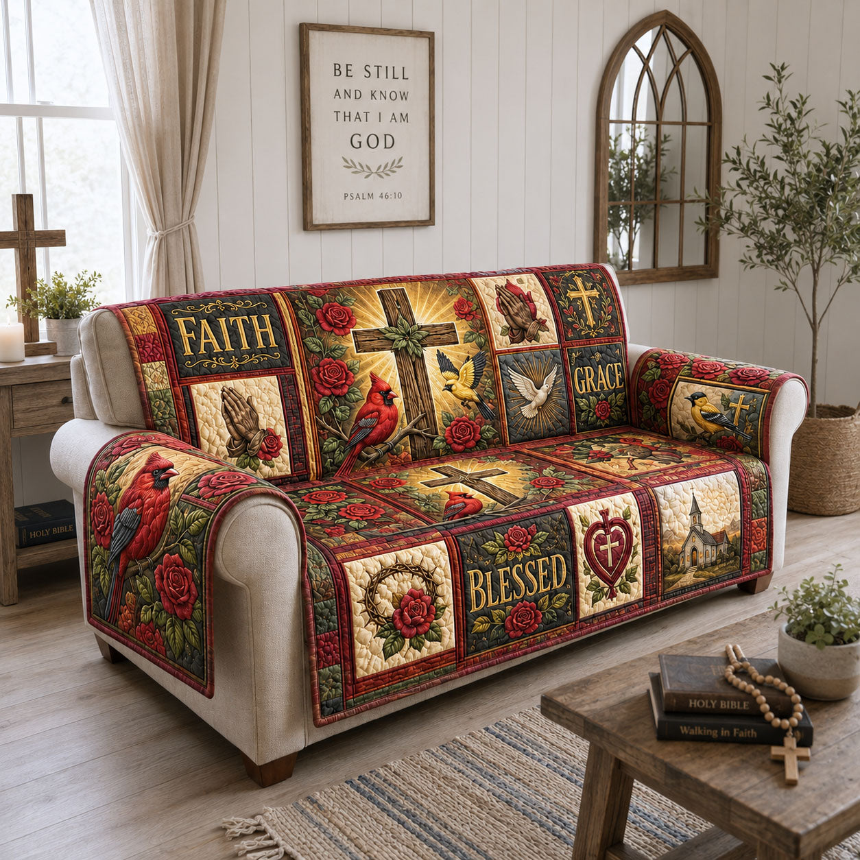 Cardinal Rose Garden Of Faith Quilted Sofa Cover Cardinal Bloom Couch Cover Gifts For New Homes