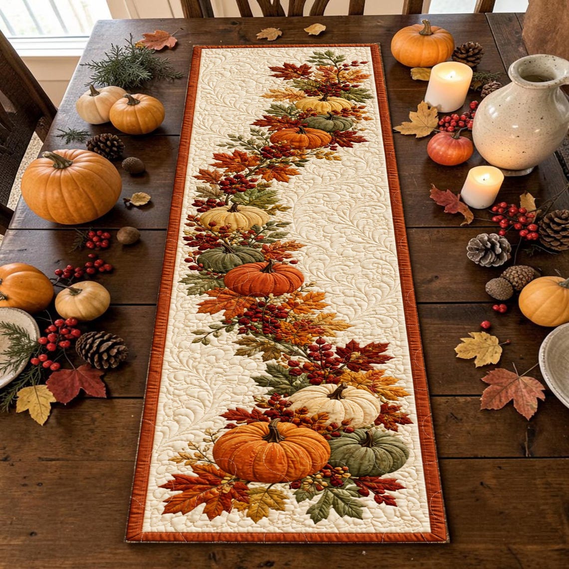 Cascading Maple Leaves Pumpkins Quilt Table Runner Elegant Cream Merch Gift For Her