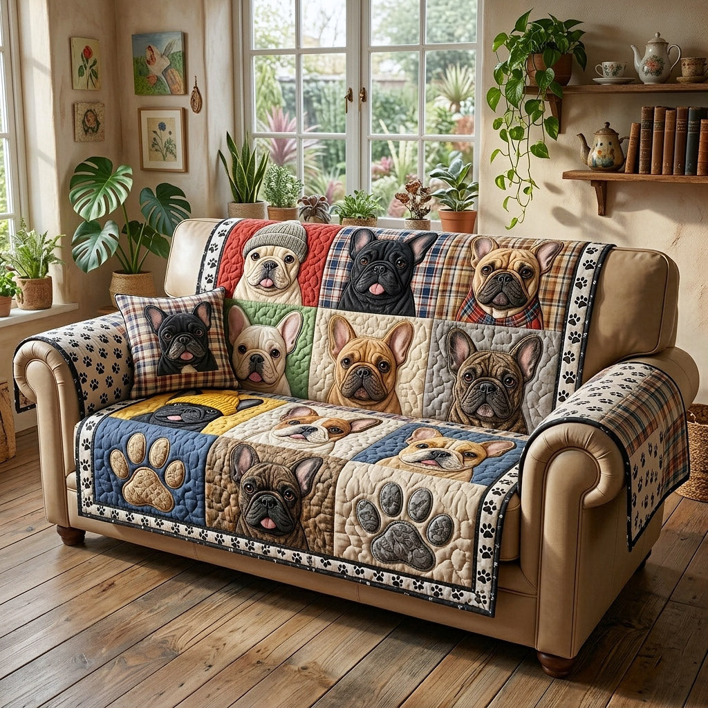 Charming Frenchie Quilted Sofa Cover Cozy Charming Couch Cover Gifts For House Lovers