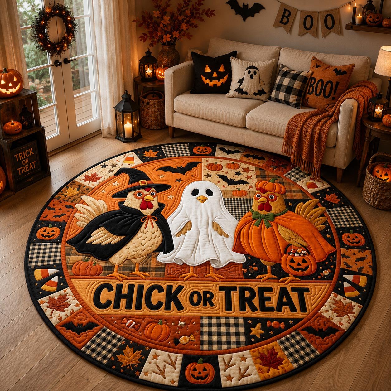 Chick Or Treat Quilted Round Mat Halloween Chicken Merch Top Halloween Decor