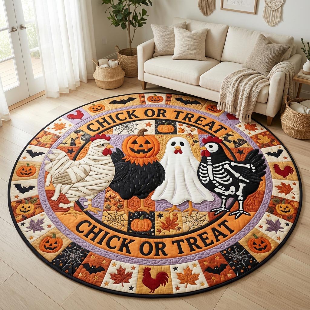 Chick Or Treat Quilted Round Mat Halloween Chickens Merch Gift For Halloween