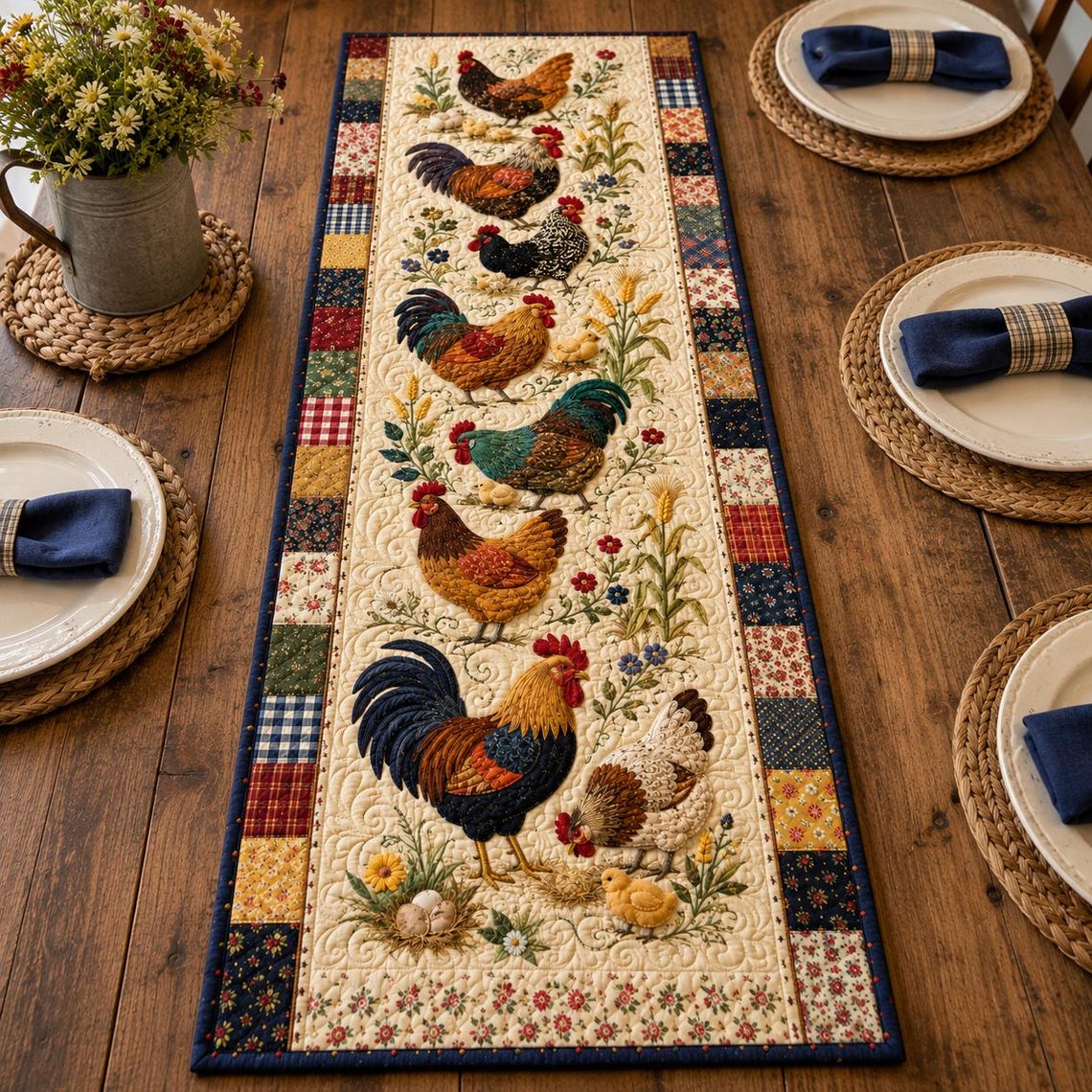 Chicken Farmhouse Kitchen Quilt Table Runner Patchwork Rooster Merch Gift For Fall