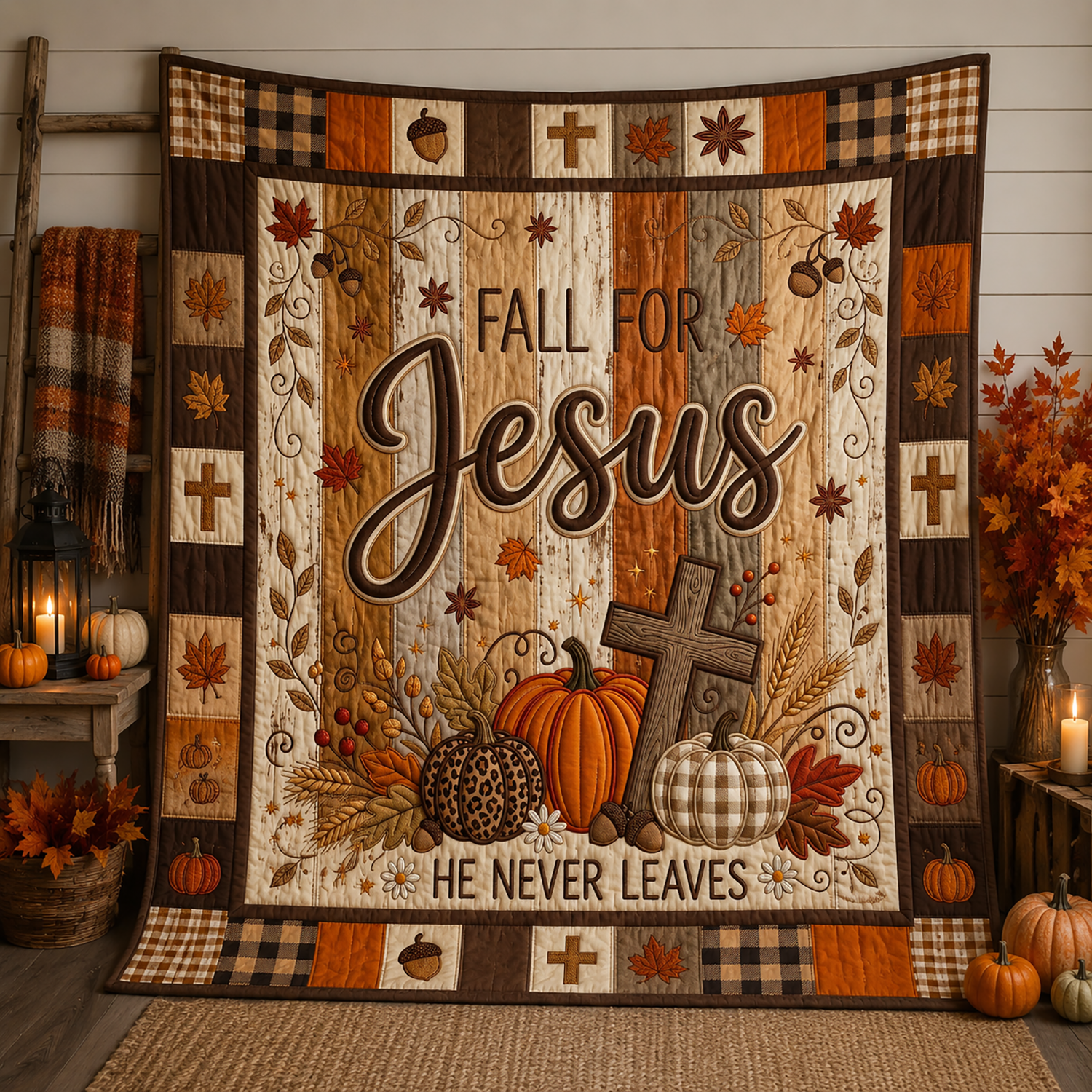 Christian Fall Quilt Blanket Fall For Jesus Religious Autumn Throw Pumpkin Cross Patchwork Gift