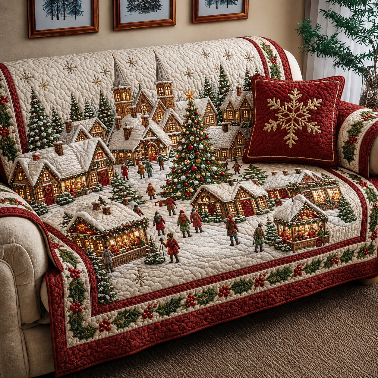 Christmas Village Quilted Sofa Cover Holiday Cheer Couch Cover Cool Room Decor