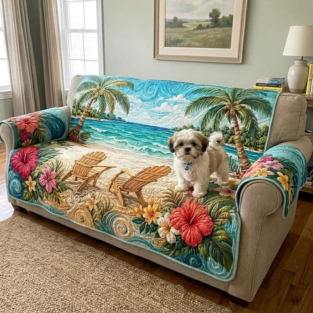 Coastal Escape Quilt Sofa Cover Tropical Beach Palm Tree Couch Protector Decor Holiday Gift