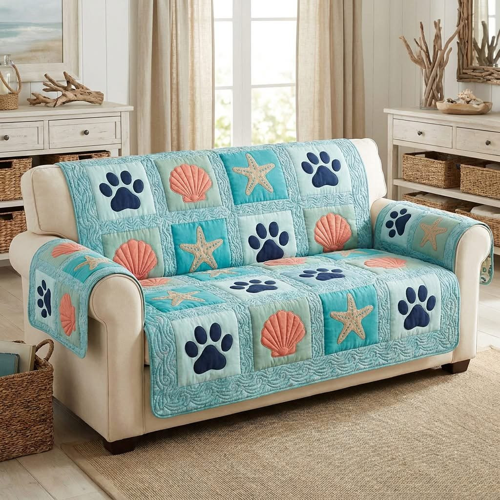Coastal Paws Quilt Sofa Cover Ocean Beach Starfish Shell Couch Protector Decor Holiday Gift For Dog Lovers