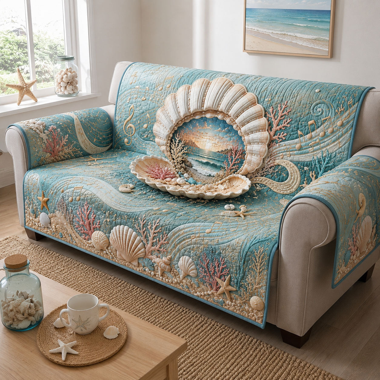 Coastal Rhythm Quilted Sofa Cover Coastal Whisper Couch Cover Room Gift