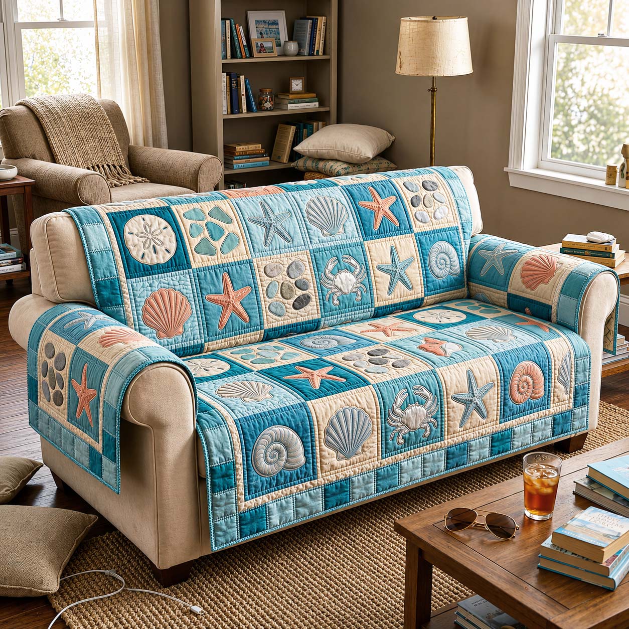 Coastal Shells Quilted Sofa Cover Coastal Breeze Couch Cover Room Gift For Her