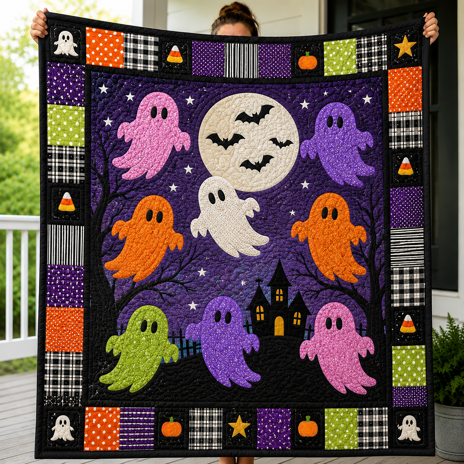 Colorful Ghost Halloween Quilt Blanket Spooky Haunted House Halloween Throw Trick Or Treat Gift