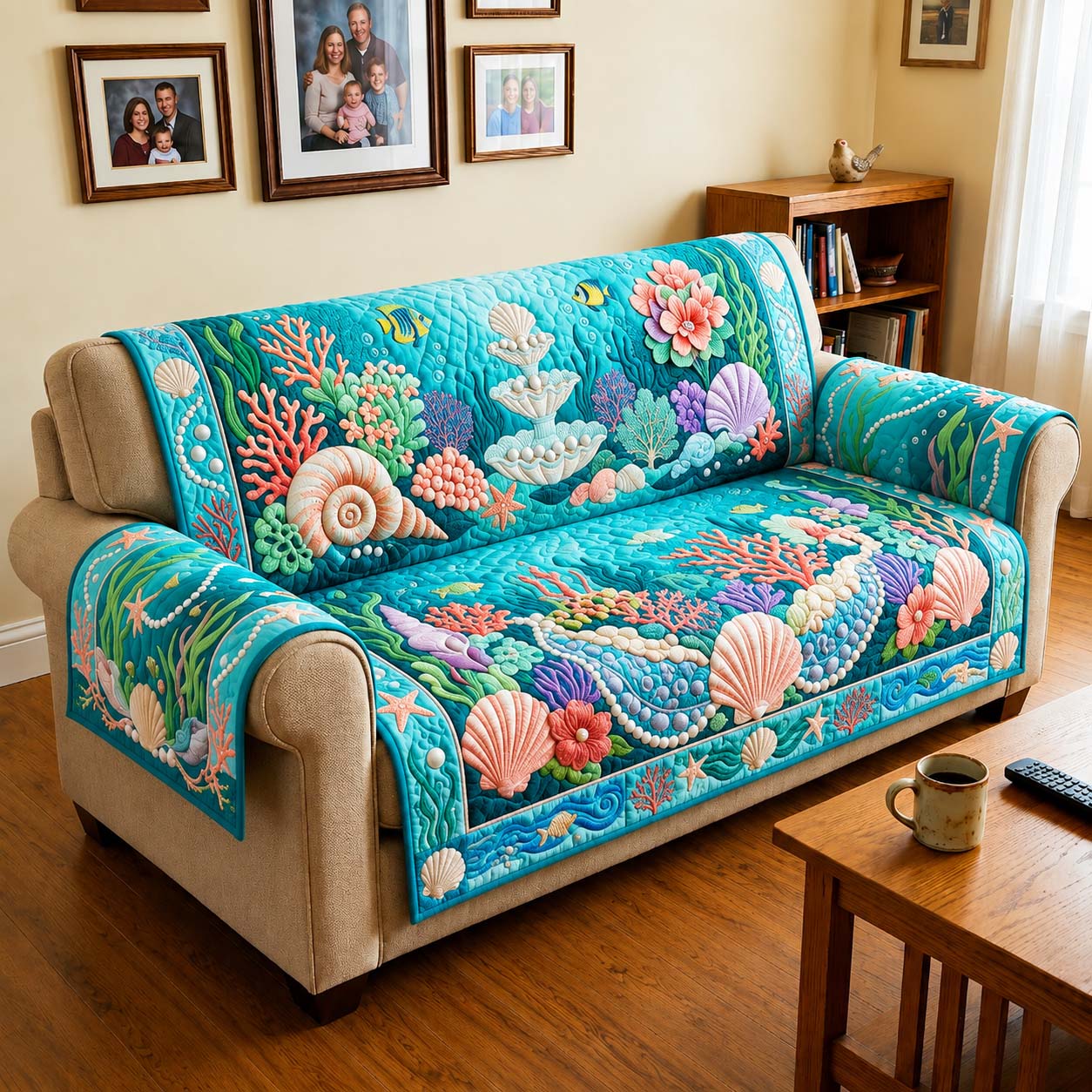 Coral Garden Quilted Sofa Cover Cozy Coral Couch Cover Unique Decor Gift