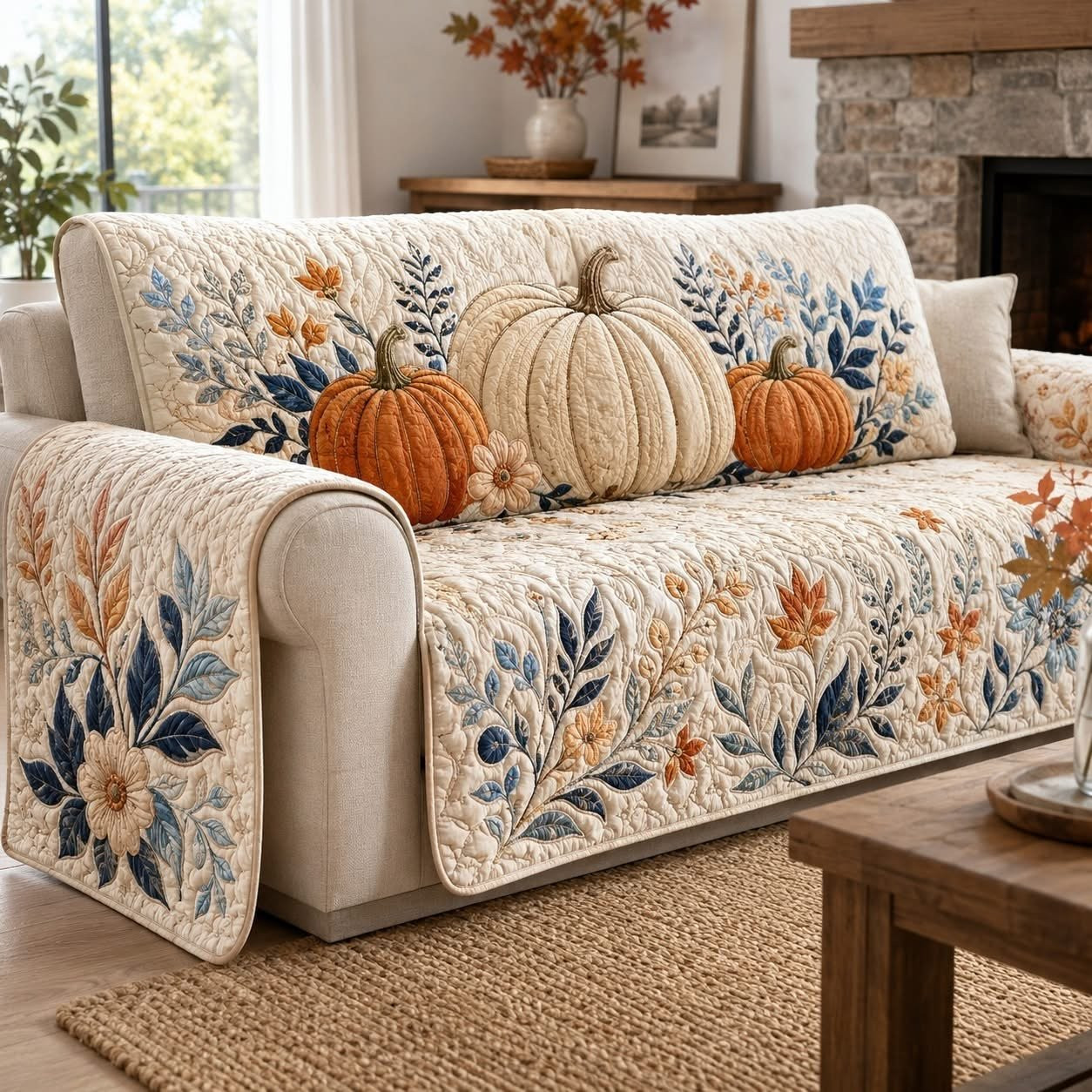 Cozy Harvest Pumpkin Quilt Sofa Cover Autumn Leaves Floral Couch Protector Decor Thanksgiving Gift For Mom