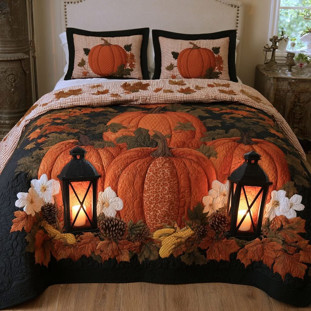 Cozy Lantern Pumpkin Quilt Bedding Set Leopard Print Gingham Check Autumn Bedroom Decor Gift IDeas