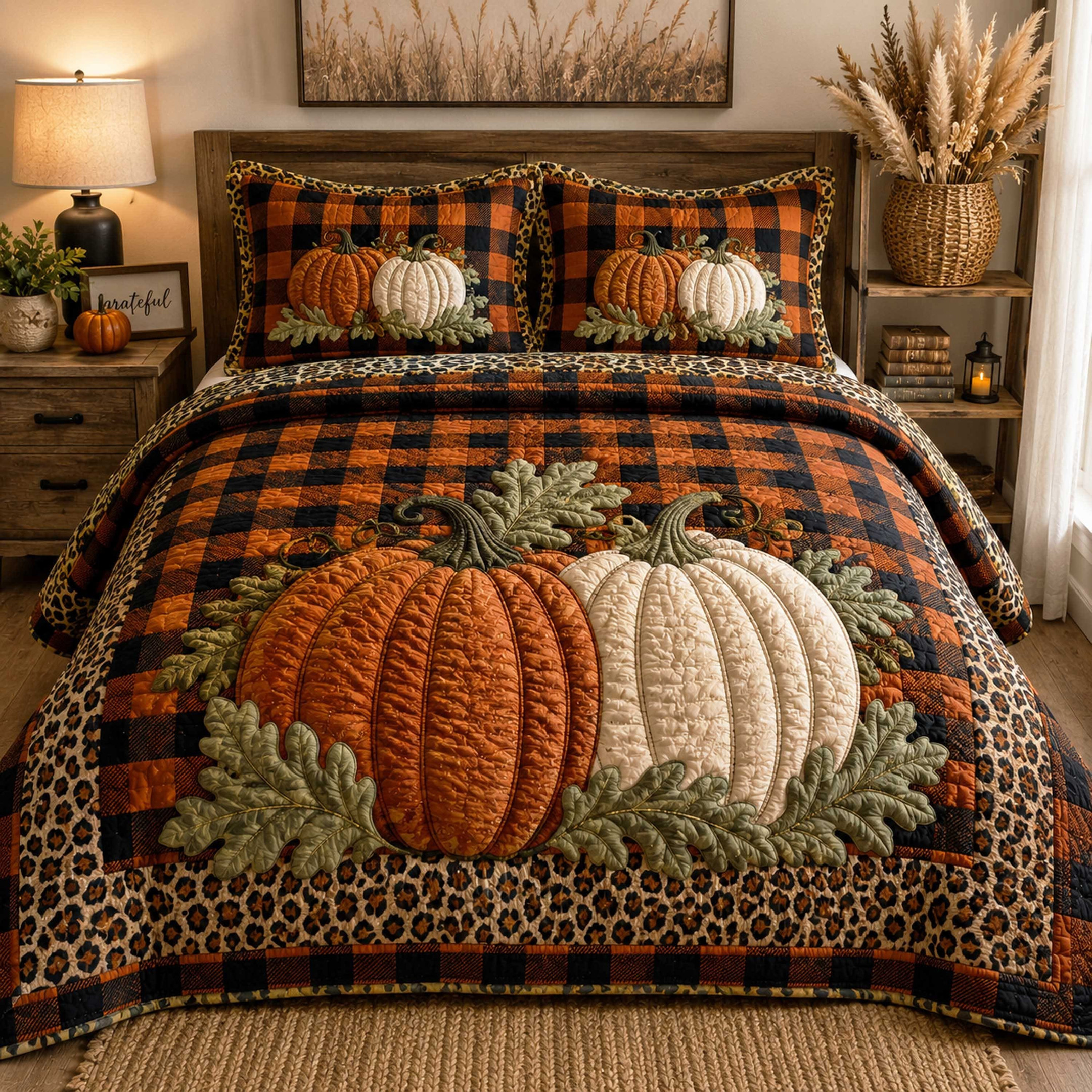Cozy Pumpkin Fall Quilt Bedding Set Buffalo Plaid Leopard Autumn Bedroom Decor Thanksgiving Gift