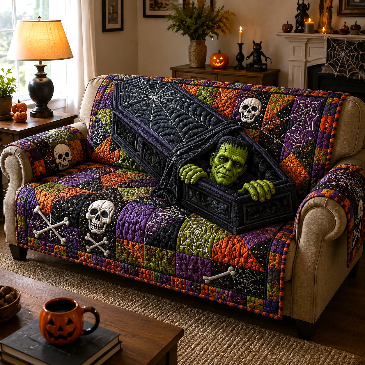 Cursed Coffin Quilted Sofa Cover Haunted Coffin Couch Cover Trendy Gift