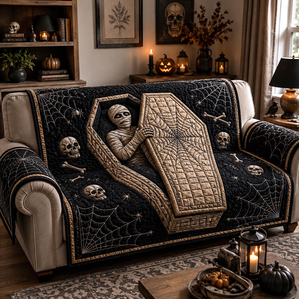 Cursed Coffin Quilted Sofa Cover Spooky Coffin Couch Cover New Gift