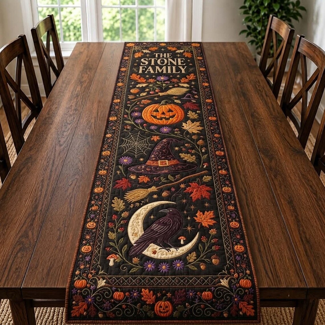 Custom Name Gothic Crow Quilt Table Runner Halloween Pumpkin Merch Gift For Autumn
