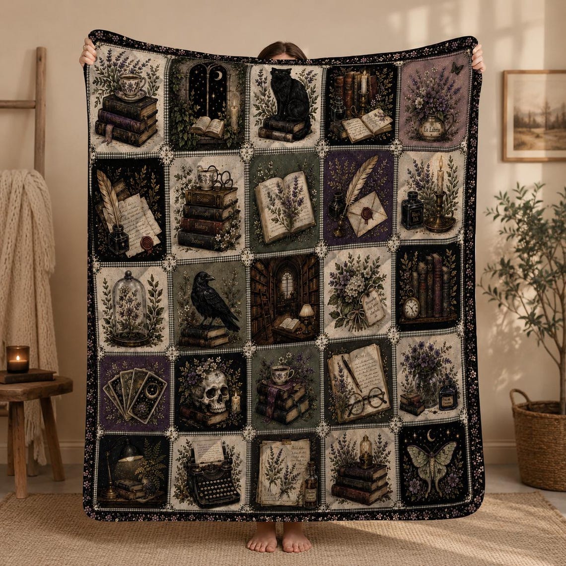 Dark Academia Quilt Blanket Raven Lavender Skull Cozy Reading Throw Library Book Lover Gift