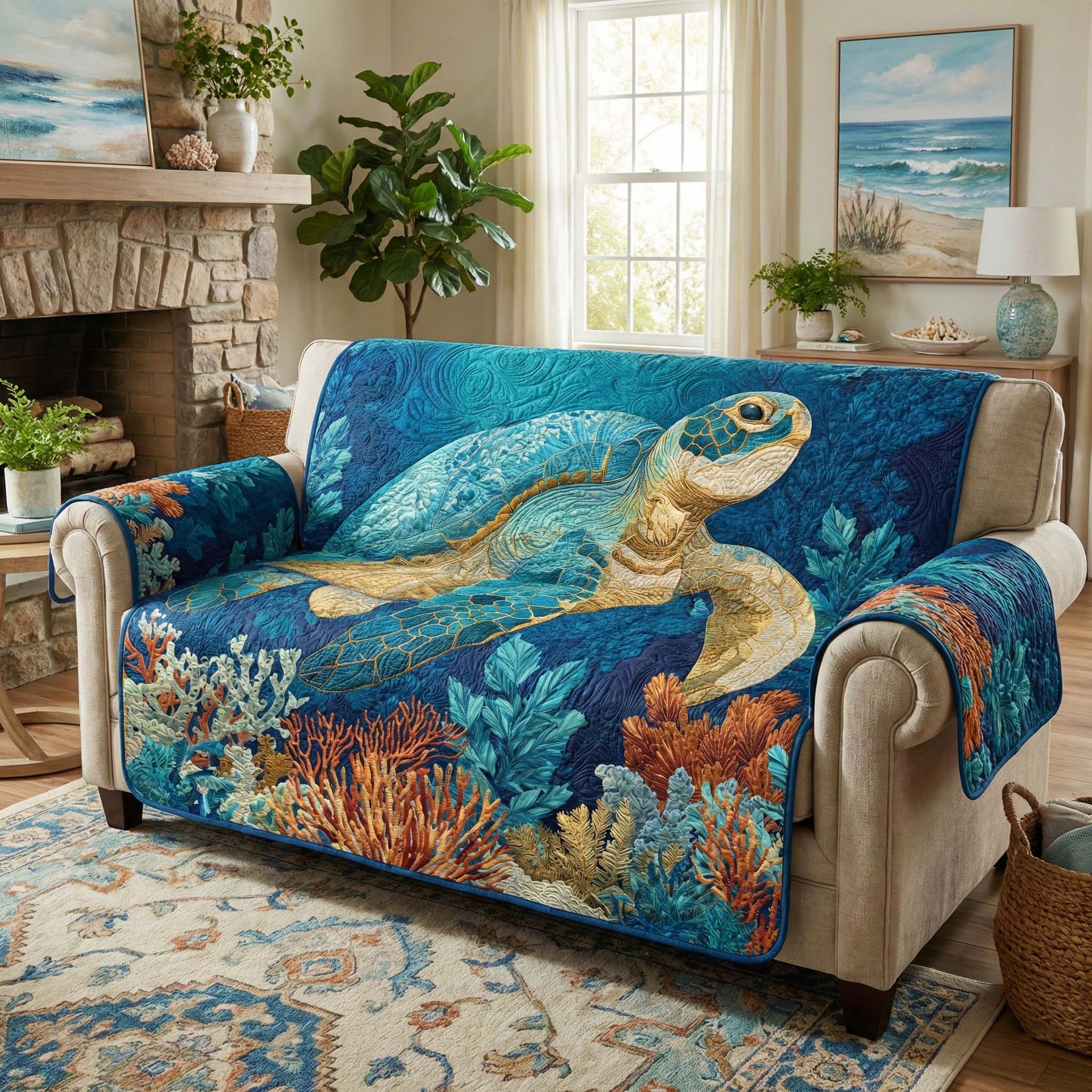 Deep Sea Quilted Sofa Cover Cozy Deep Couch Cover Cozy Home Decor