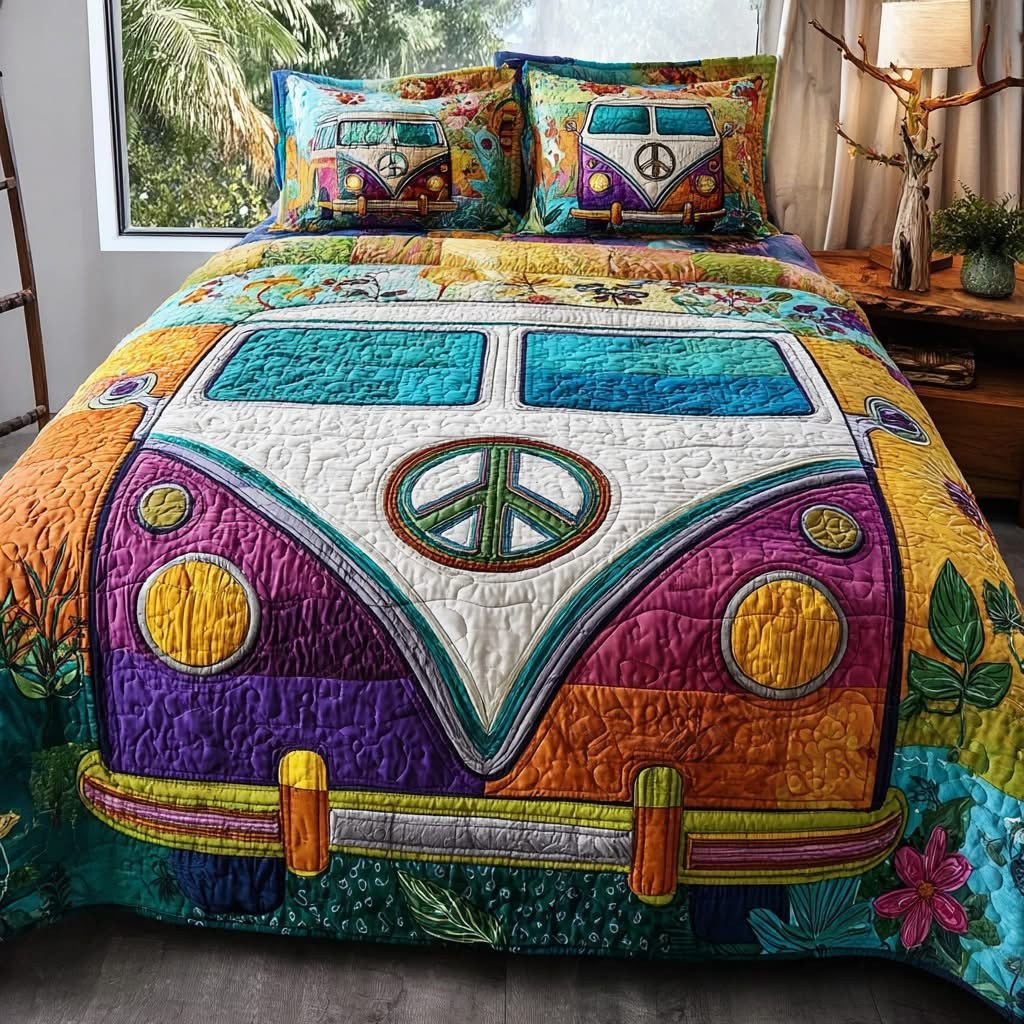 Drive Hippie Van Quilted Bedding Set Camping Themed Hippie Gift Item Christmas Ideas