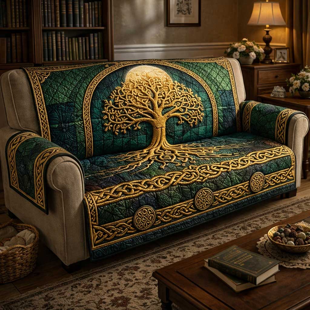 Emerald Tree Quilted Sofa Cover Sacred Tree Couch Cover Top Decor Gift