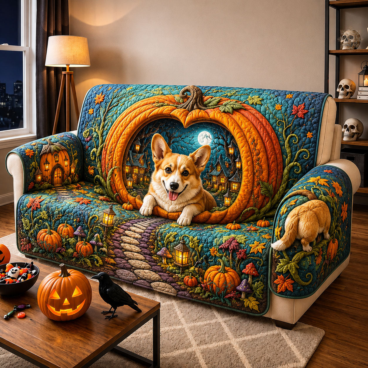Enchanted Pumpkin Journey Quilted Sofa Cover Pumpkin Harvest Couch Cover Gift Ideas