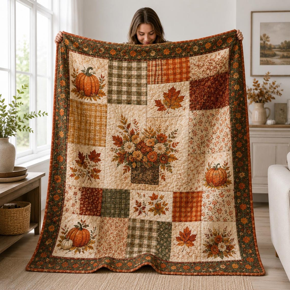 Fall Autumn Patchwork Quilt Blanket Pumpkin Floral Throw Blanket Farmhouse Fall Decor Gifts