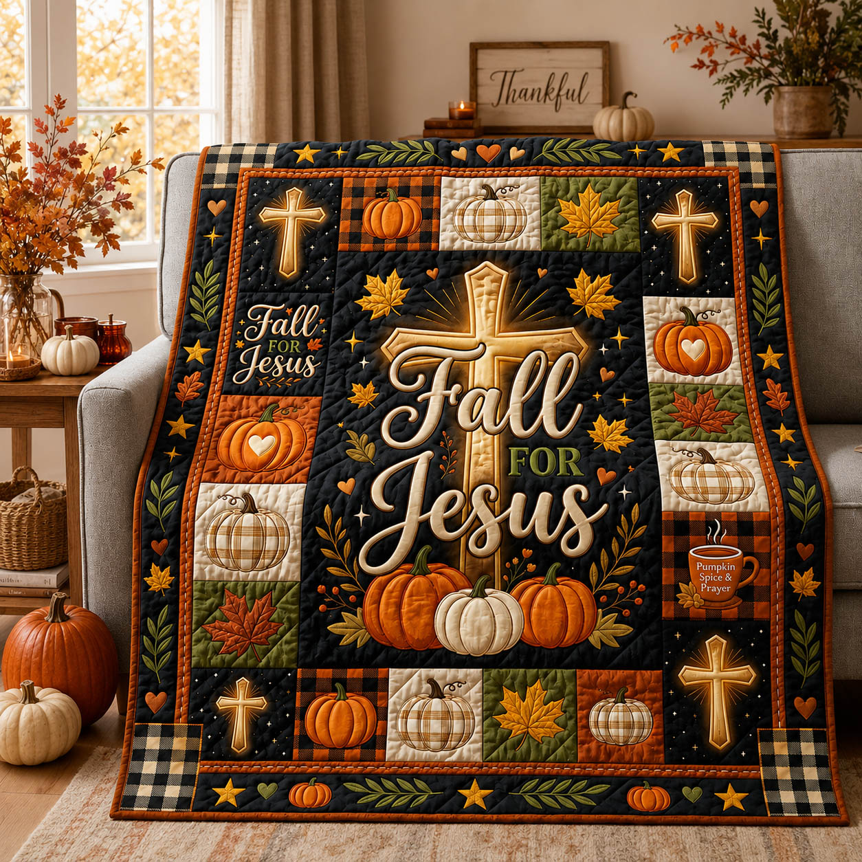 Fall For Jesus Quilted Blanket Christian Faith Bedding Pumpkin Merch Funny Gifts For Fans