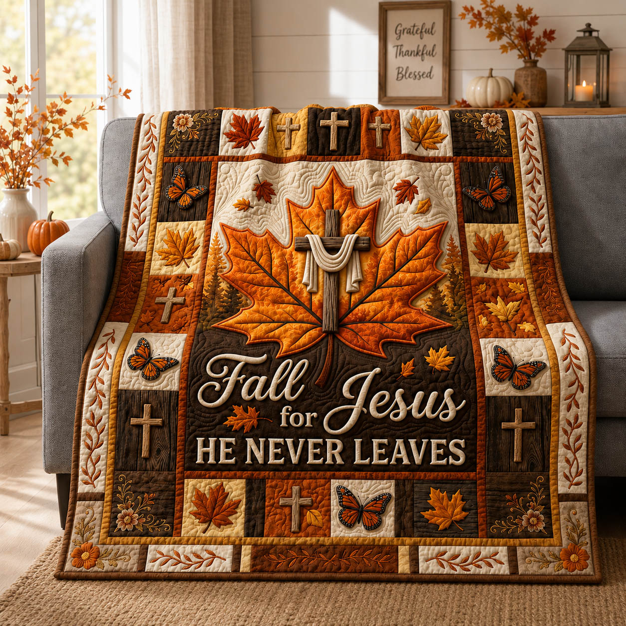 Fall For Jesus Quilted Blanket Cross And Pumpkins Merch Elegant Move In Day Gifts