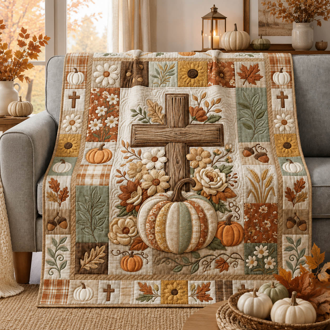 Fall For Jesus Quilted Blanket Cross Pumpkin Patch Merch New Gift