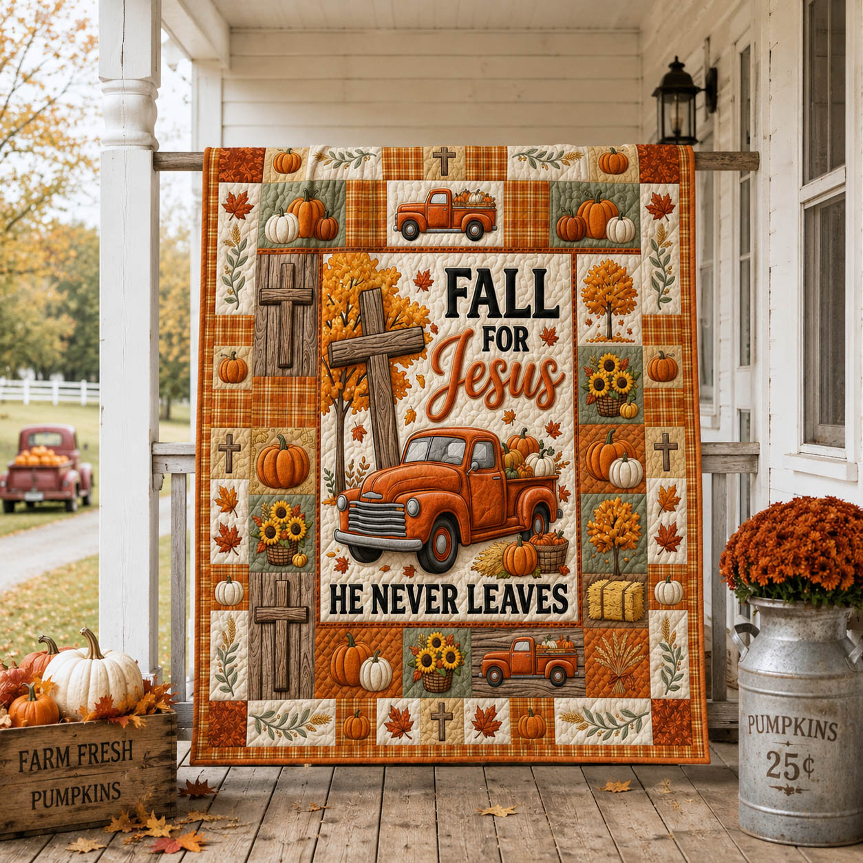 Fall For Jesus Quilted Blanket Fall For Jesus Pumpkin Truck Merch Birthday Gift Ideas