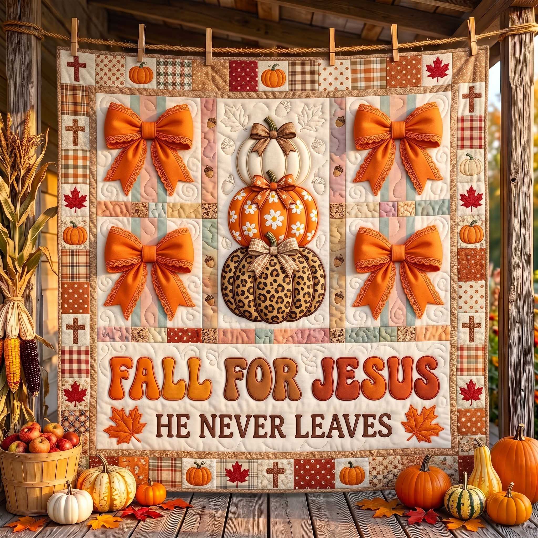 Fall For Jesus Quilted Blanket Fall Jesus Cross Merch Cozy Home Gift Ideas