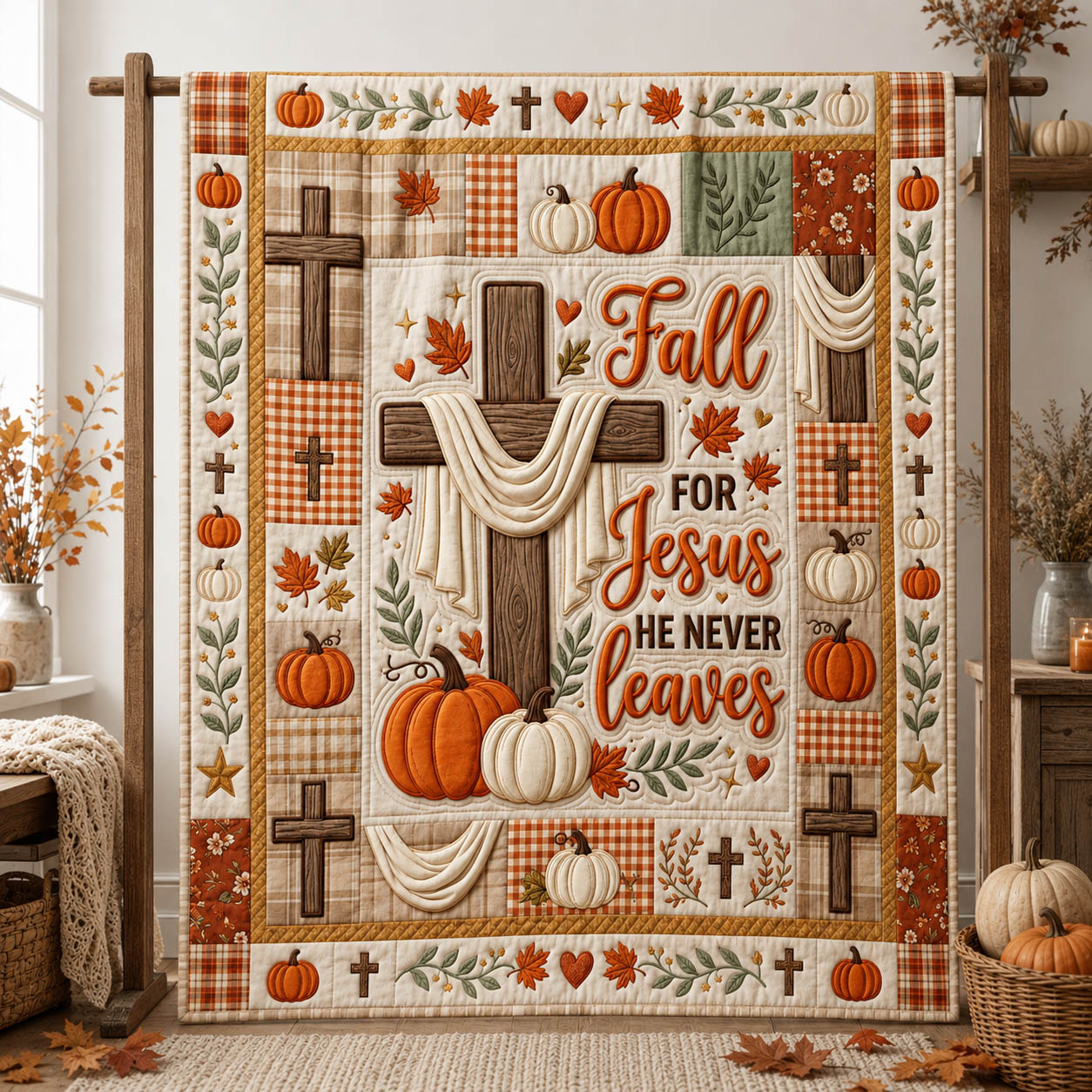 Fall For Jesus Quilted Blanket Fall Jesus Cross Merch Gift For Room Lovers