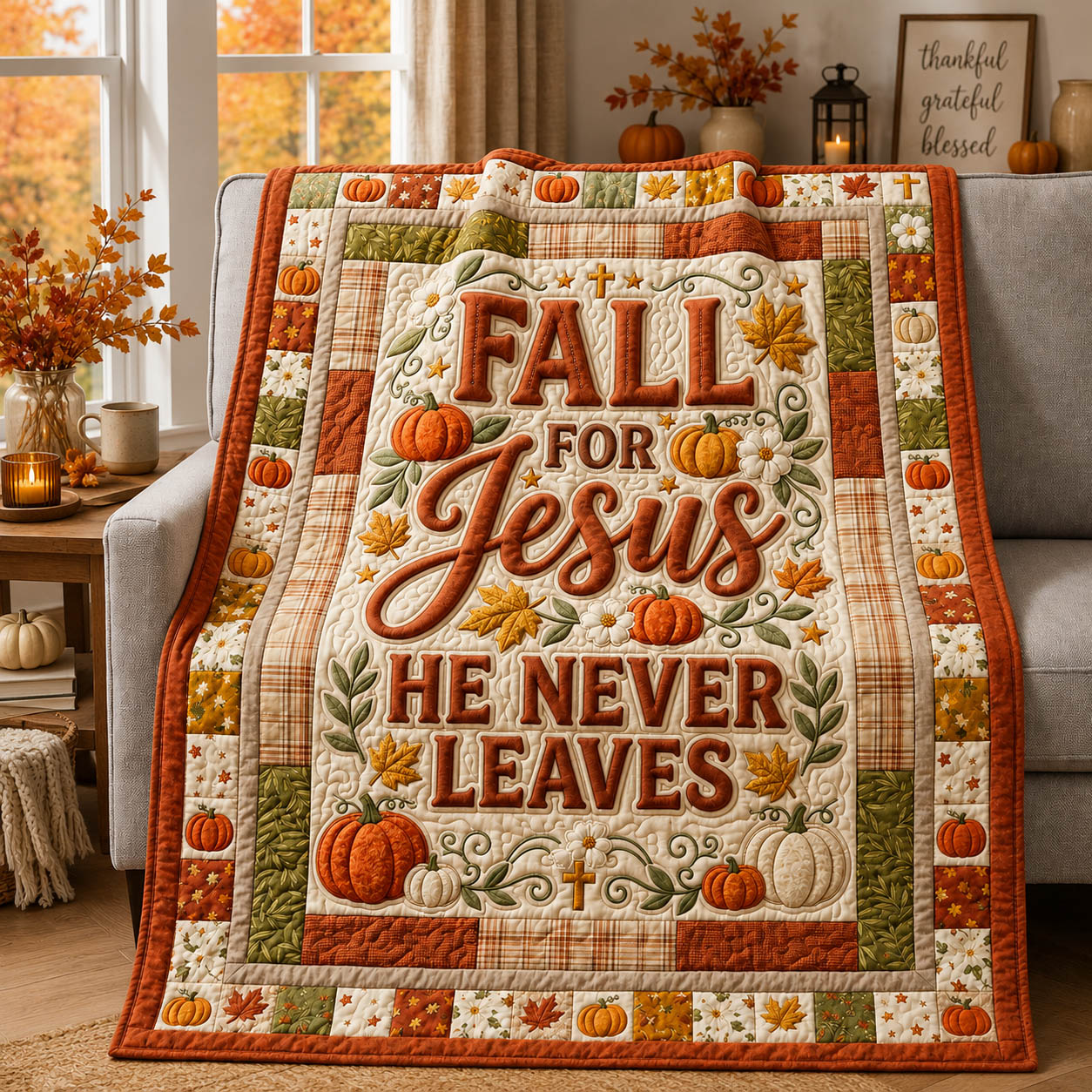 Fall For Jesus Quilted Blanket Fall Spooky Season Pumpkins Merch Room Gift For Her