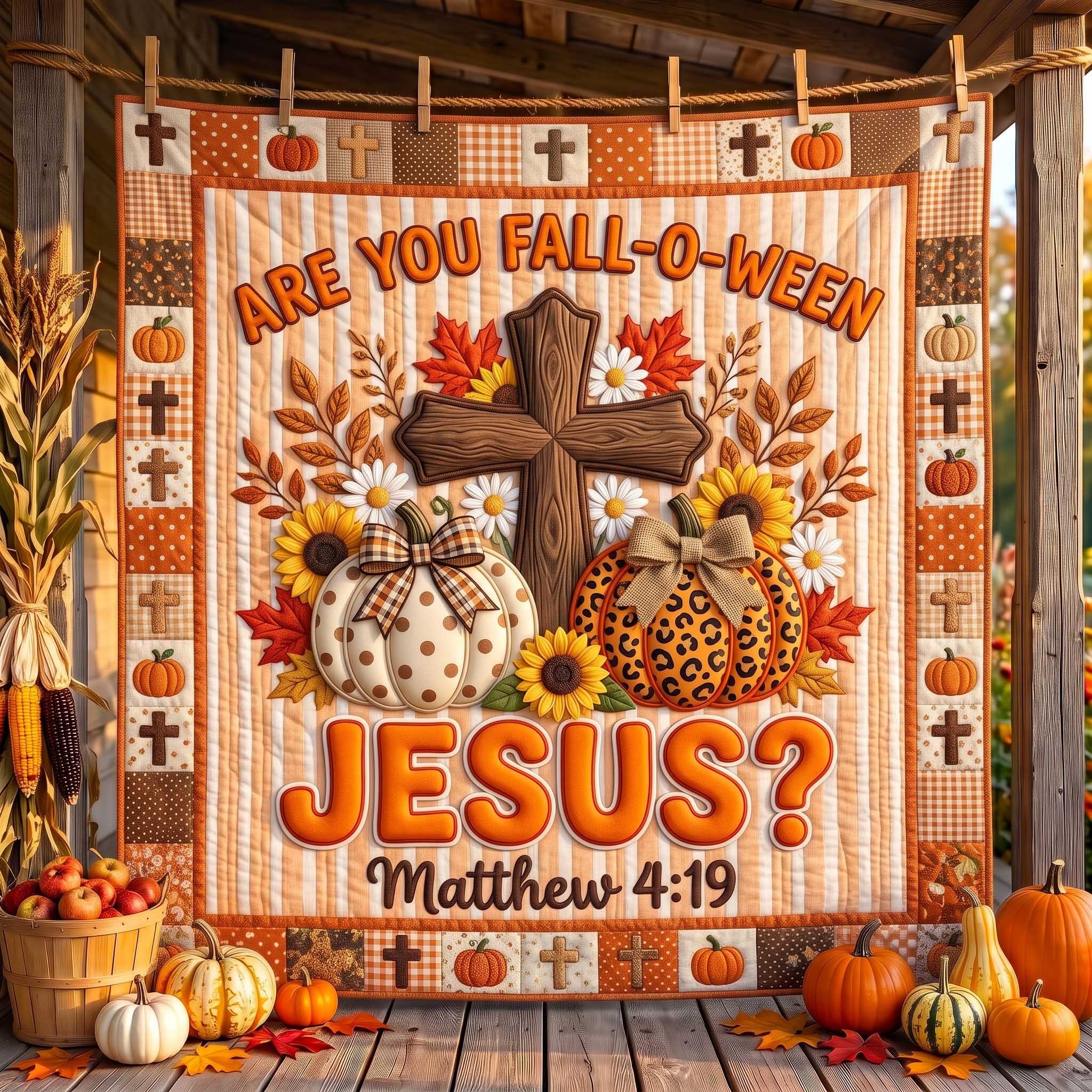 Fall For Jesus Quilted Blanket Jesus Cross Pumpkins Merch Unique Room Decor Gifts