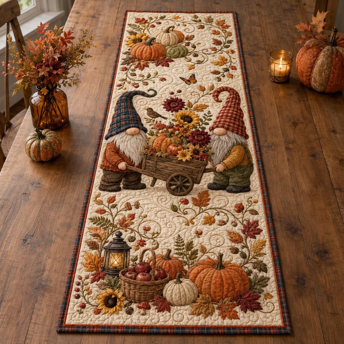 Fall Gnome Quilt Table Runner Autumn Pumpkin Decor Merch Birthday Gift For Her