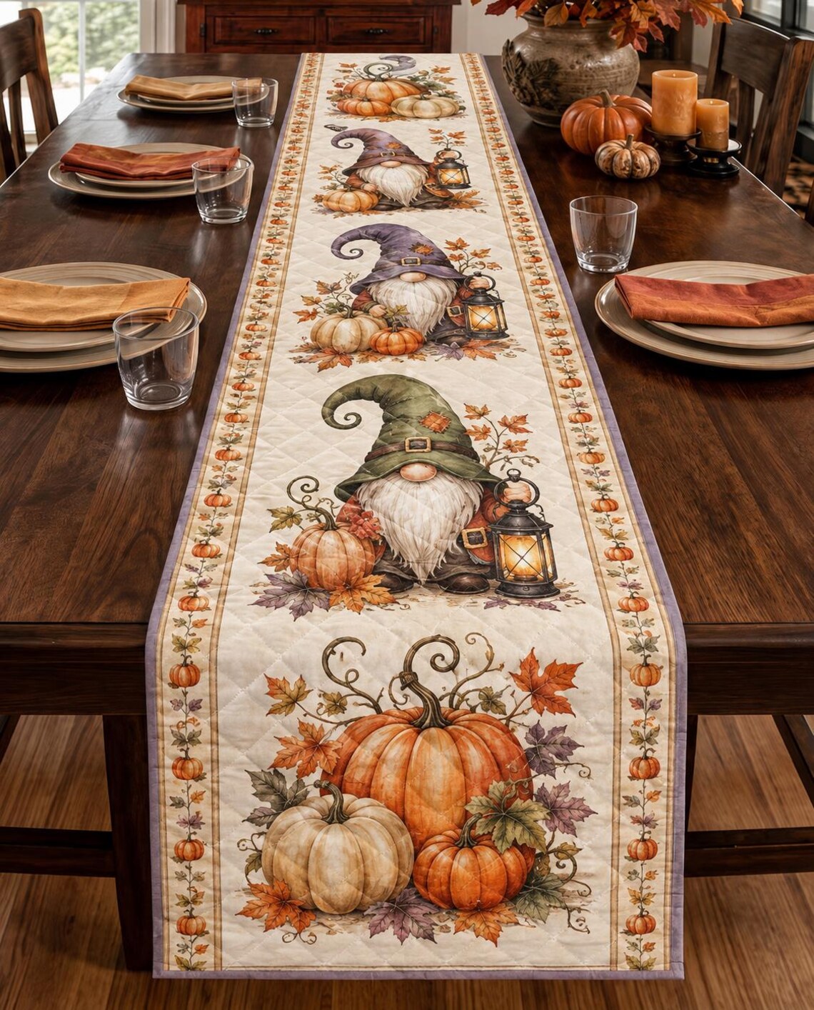 Fall Gnome Quilt Table Runner Pumpkin Harvest Dining Merch Gift For Autumn