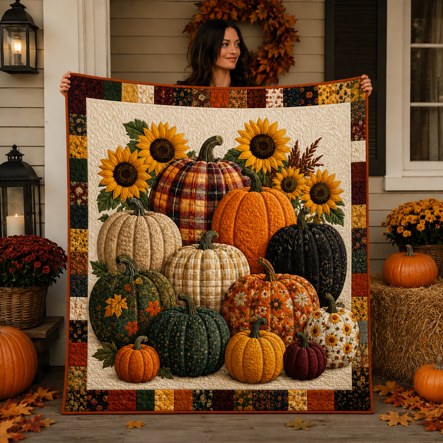 Fall Harvest Quilt Blanket Pumpkin And Sunflower Patchwork Autumn Thanksgiving Throw Gifts