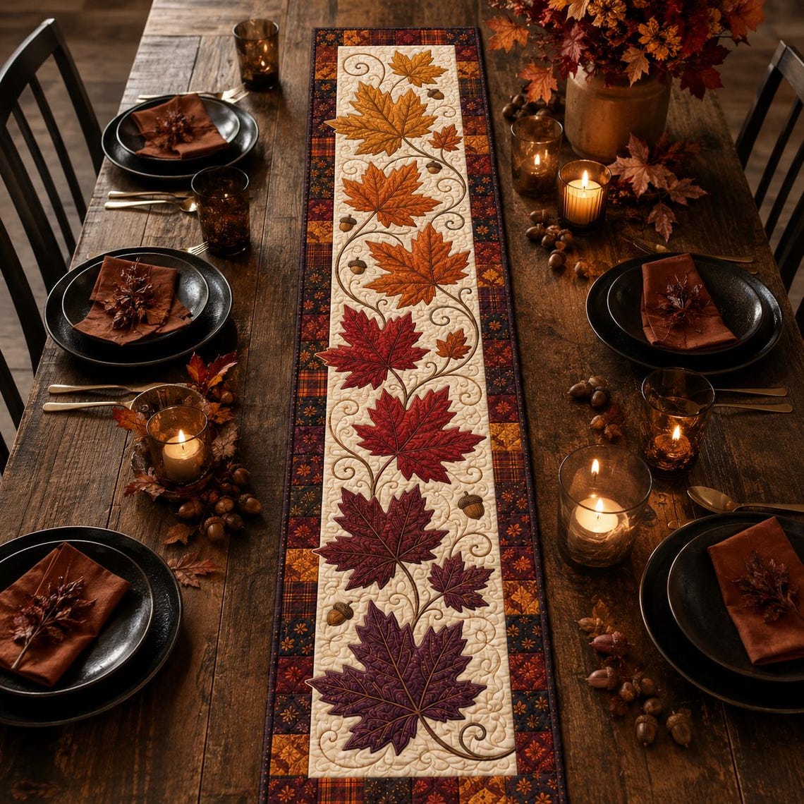 Fall Maple Leaf Quilt Table Runner Harvest Dining Decor Merch Gift For Autumn