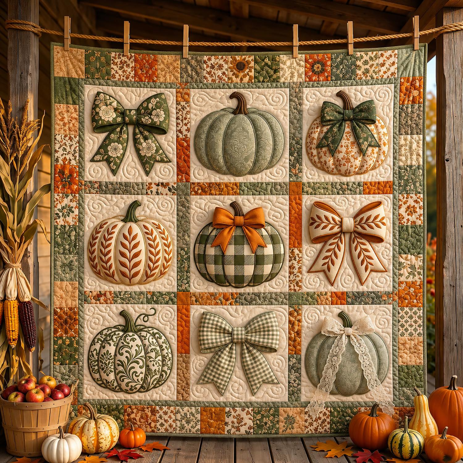 Fall Pumpkin Quilt Blanket Farmhouse Thanksgiving Throw Rustic Autumn Cozy Home Gift