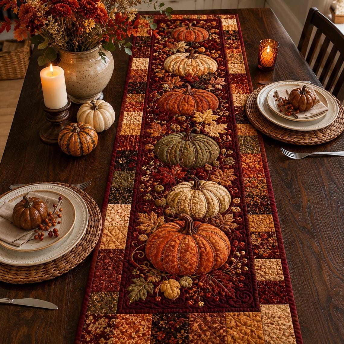 Fall Pumpkin Quilt Table Runner Thanksgiving Decor Merch Best Gifts For Fans