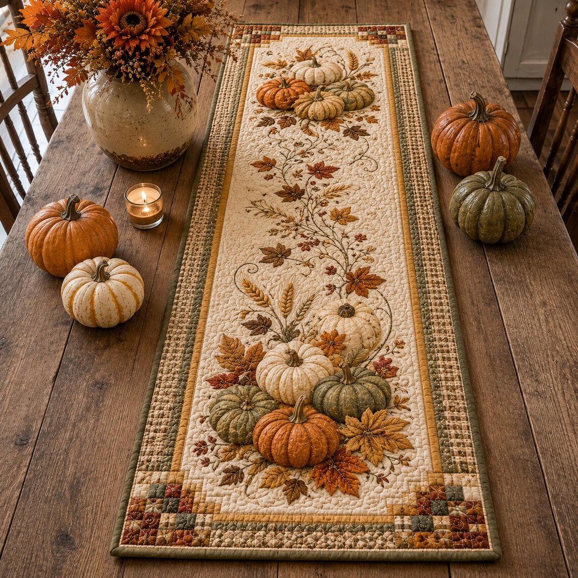 Fall Pumpkin Quilt Table Runner Thanksgiving Decor Merch Rustic Kitchen Gift